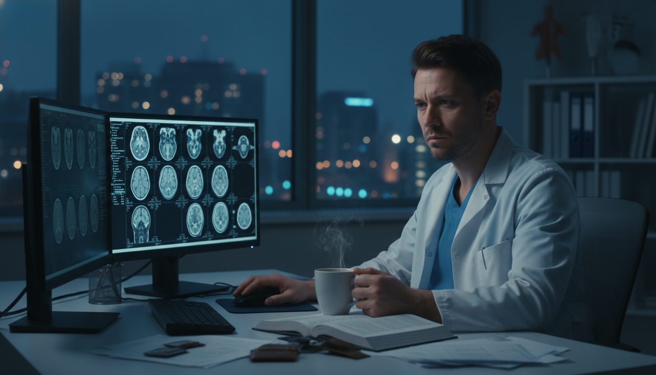 Neurology resident reviewing brain imaging late at night Neurology resident reviewing brain imaging late at night - DO graduate residency for Identifying Malignant Programs for DO Gr