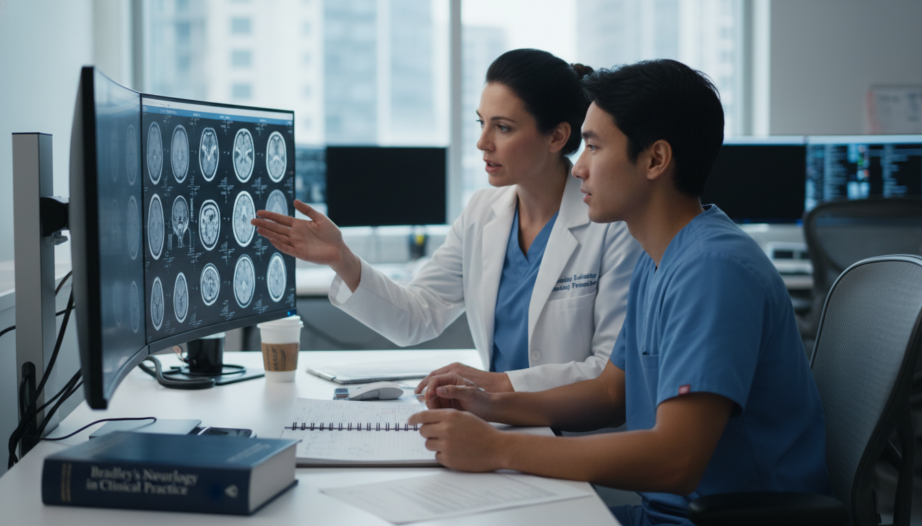 Mentor and neurology resident DO reviewing brain imaging Mentor and neurology resident DO reviewing brain imaging - DO graduate residency for Networking in Medicine for DO Graduate i