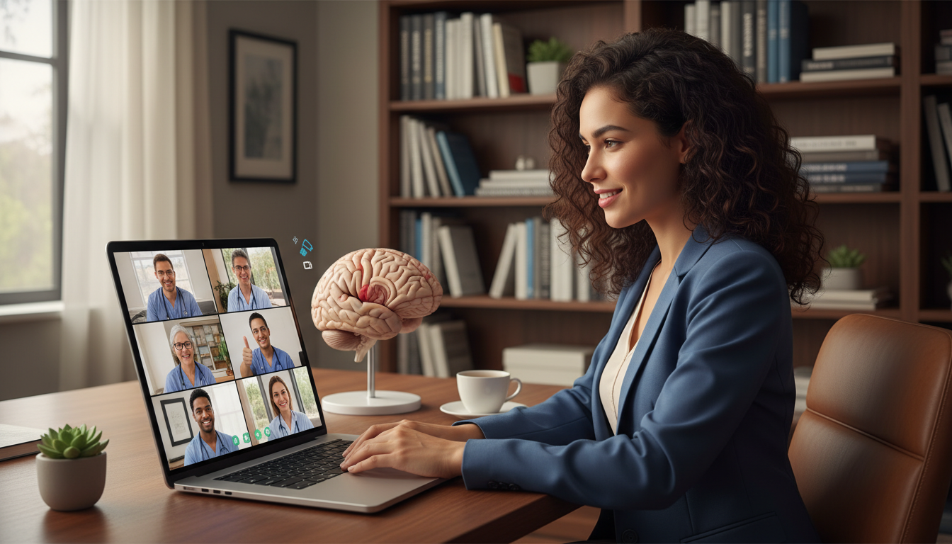 Neurology resident DO using laptop for virtual medical networking Neurology resident DO using laptop for virtual medical networking - DO graduate residency for Networking in Medicine for DO G