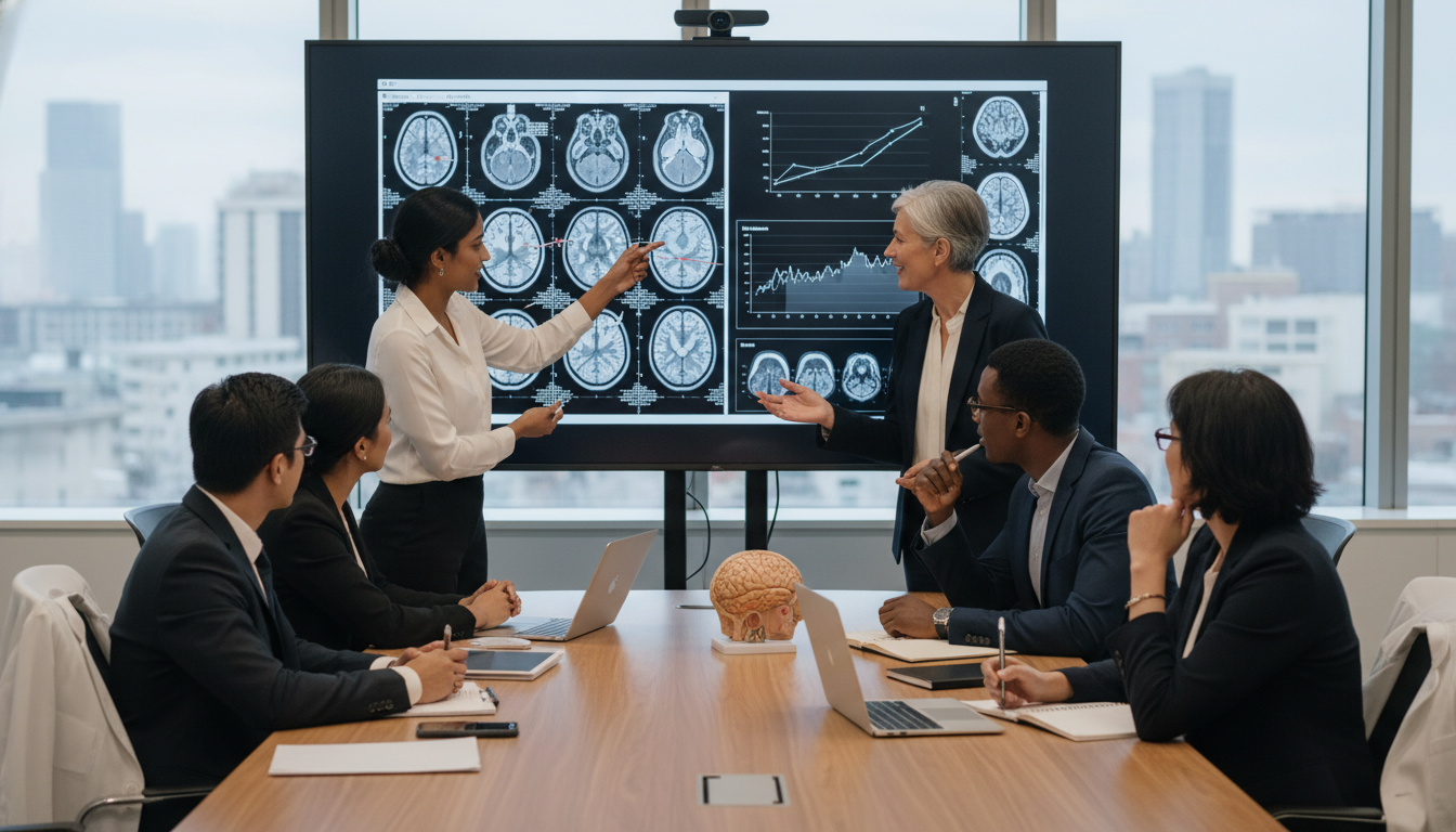 Neurology research team collaborating at a hospital Neurology research team collaborating at a hospital - DO graduate residency for Research Profile Building for DO Graduate in