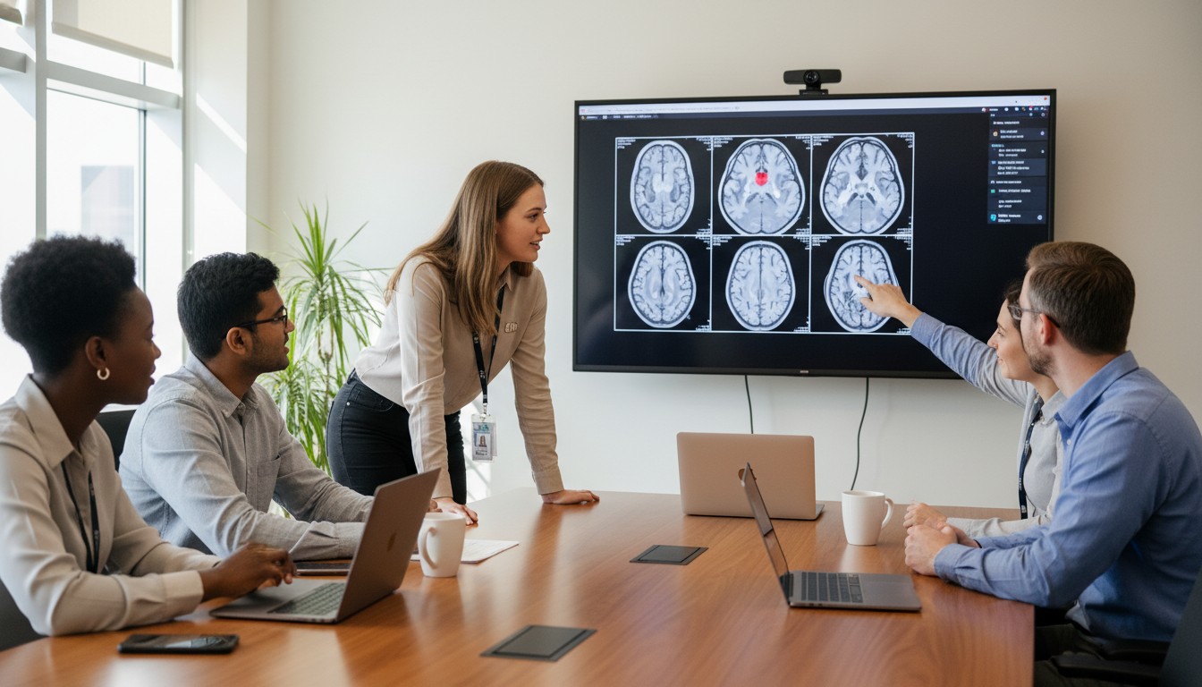 Neurology residents discussing cases in a hospital conference room with a relaxed professional atmosphere Neurology residents discussing cases in a hospital conference room with a relaxed professional atmosphere - DO graduate resid
