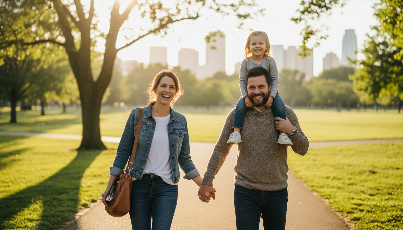 Neurologist walking outdoors with family after clinic hours Neurologist walking outdoors with family after clinic hours - DO graduate residency for Work-Life Balance Assessment for DO G