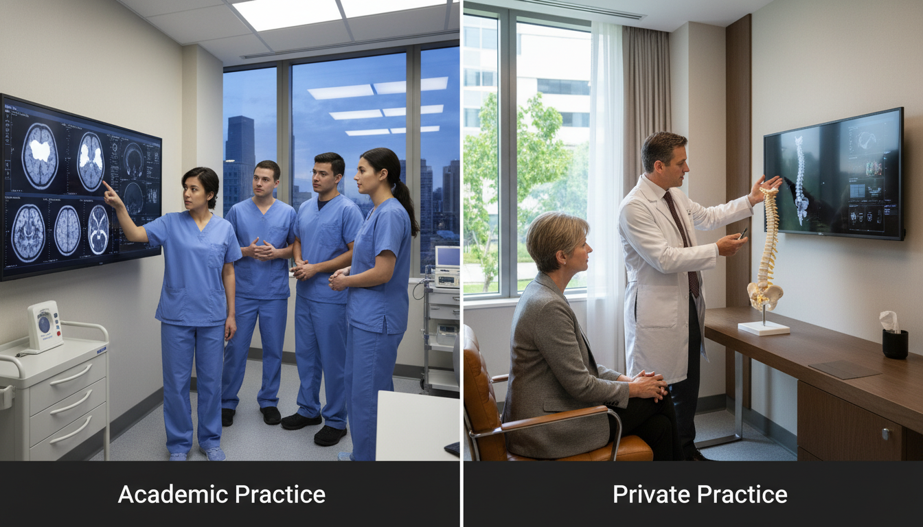 Comparison of academic neurosurgery and private practice environments Comparison of academic neurosurgery and private practice environments - DO graduate residency for Academic vs Private Practic
