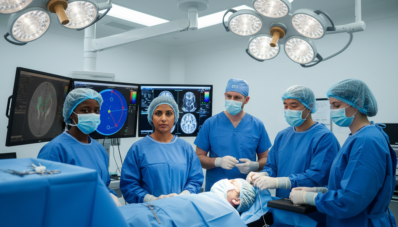 Neurosurgery team in operating room with visiting DO student Neurosurgery team in operating room with visiting DO student - DO graduate residency for Away Rotation Strategy for DO Gradua