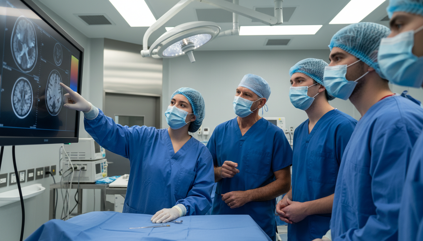 Neurosurgery residents in operating room discussing case strategy Neurosurgery residents in operating room discussing case strategy - DO graduate residency for Case Volume Evaluation for DO G
