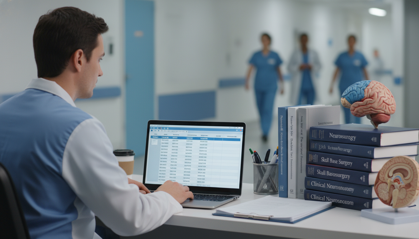 Neurosurgery resident reviewing personal operative case log Neurosurgery resident reviewing personal operative case log - DO graduate residency for Case Volume Evaluation for DO Graduat