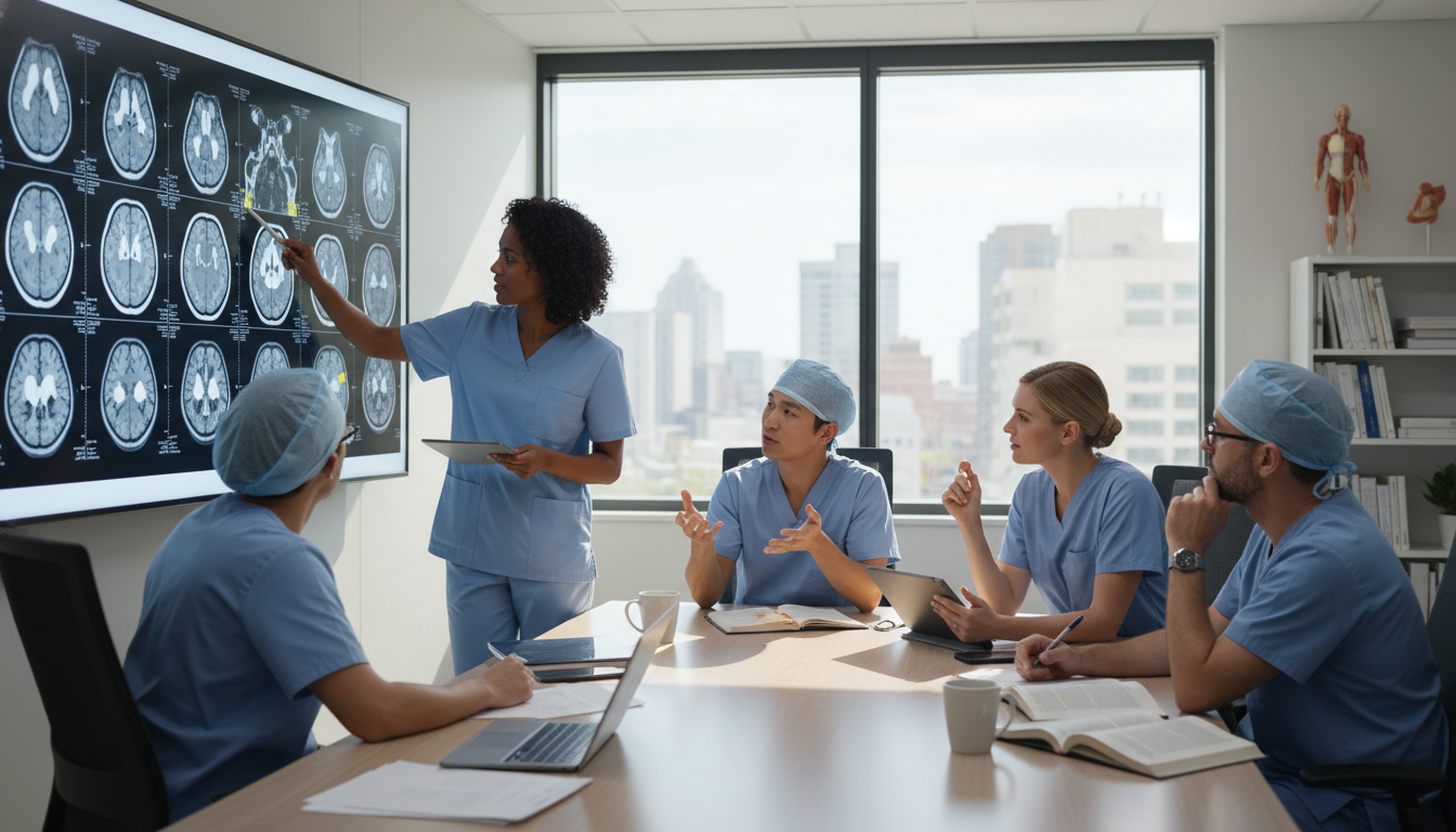 Neurosurgery resident discussing cases in team meeting - DO graduate residency for Common Interview Questions for DO Graduate