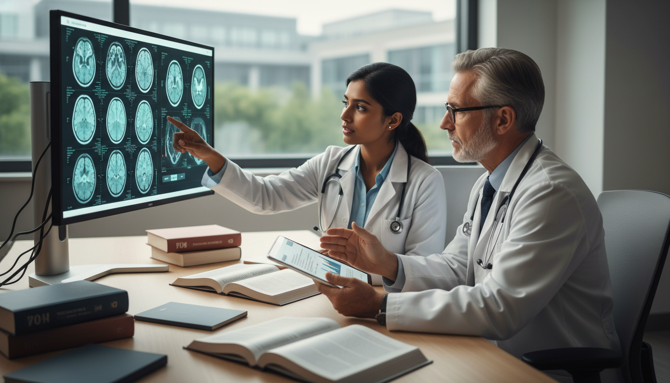 Neurosurgery resident and mentor reviewing brain imaging and research - DO graduate residency for Low Step Score Strategies f