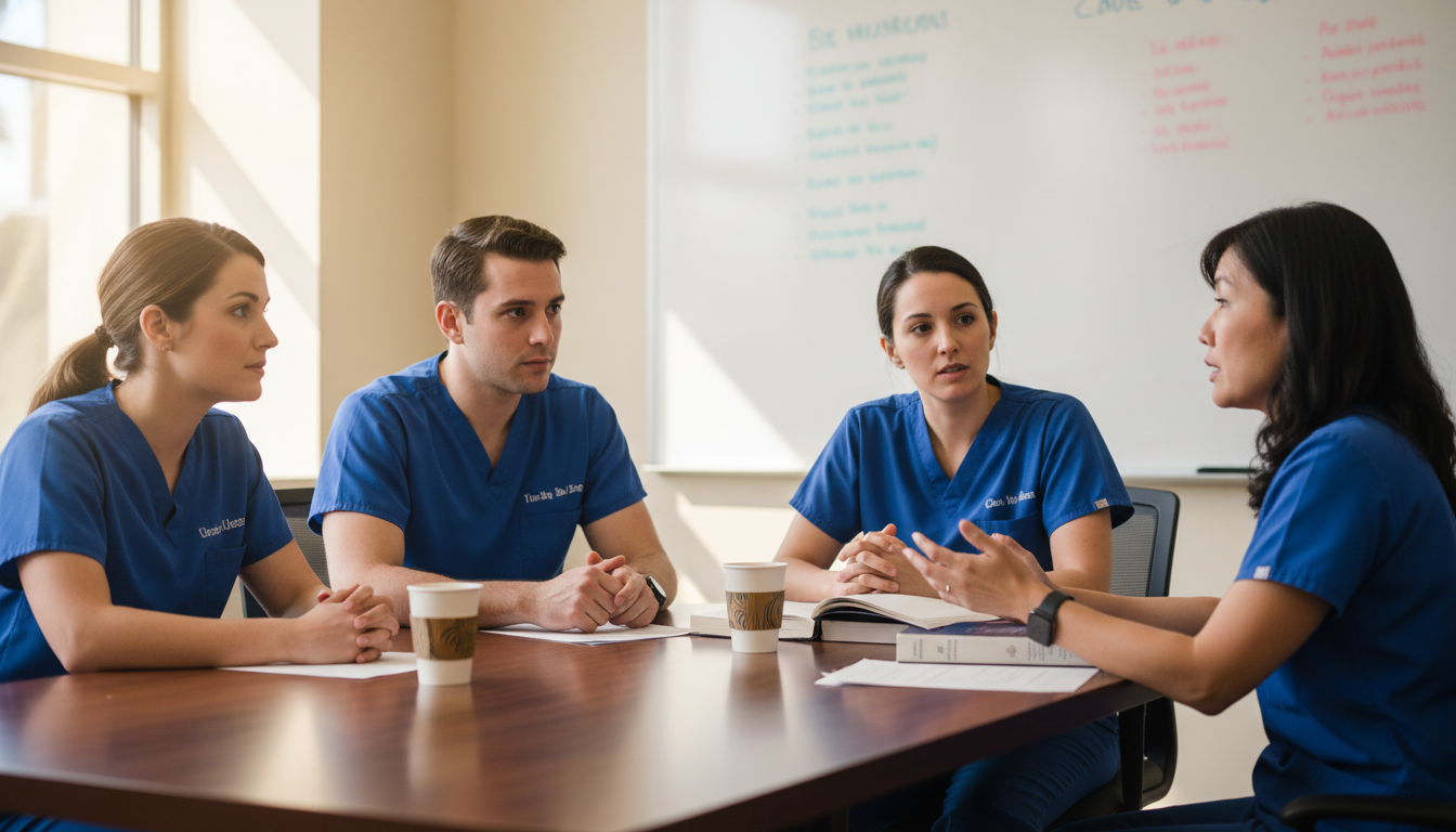 Neurosurgery residents discussing program culture during a break Neurosurgery residents discussing program culture during a break - DO graduate residency for Identifying Malignant Programs f