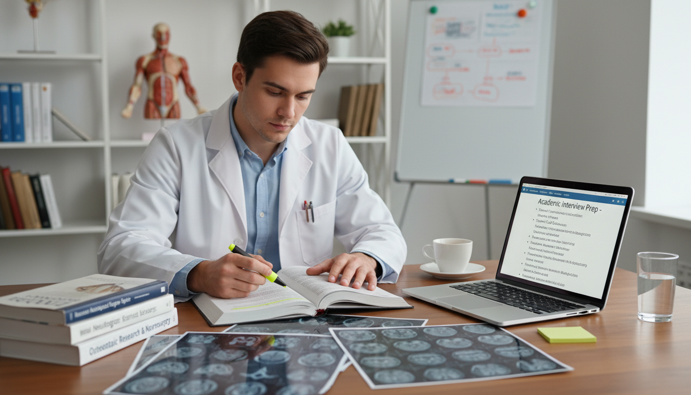 Neurosurgery applicant reviewing research and case notes - DO graduate residency for Pre-Interview Preparation for DO Graduat
