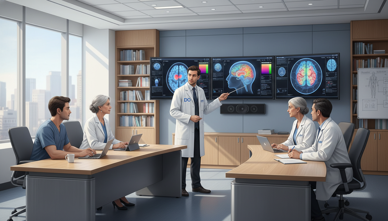 Neurosurgery resident team discussing cases in conference room Neurosurgery resident team discussing cases in conference room - DO graduate residency for How to Research Programs for DO Gr