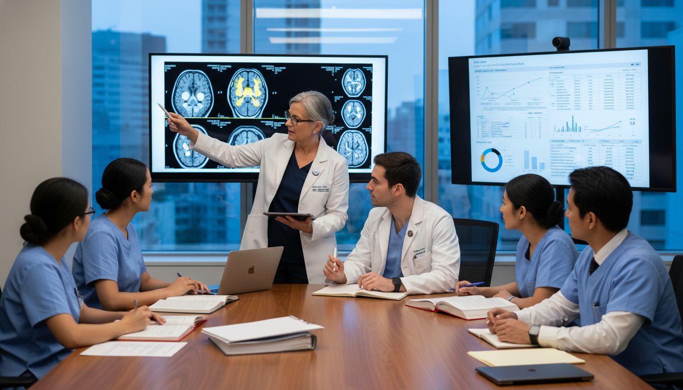 Neurosurgery research team discussing clinical data - DO graduate residency for Research Profile Building for DO Graduate in