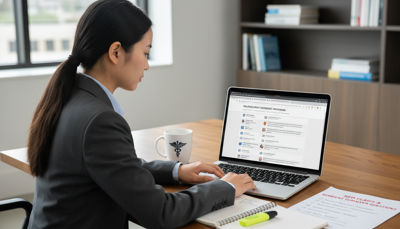 Neurosurgery applicant evaluating residency options on laptop Neurosurgery applicant evaluating residency options on laptop - DO graduate residency for Resident Turnover Warning Signs for