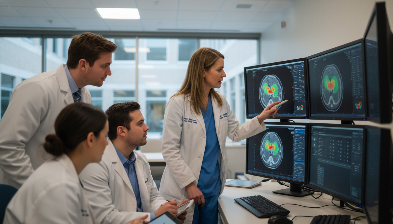Academic nuclear medicine physician teaching residents at a workstation Academic nuclear medicine physician teaching residents at a workstation - DO graduate residency for Academic vs Private Pract