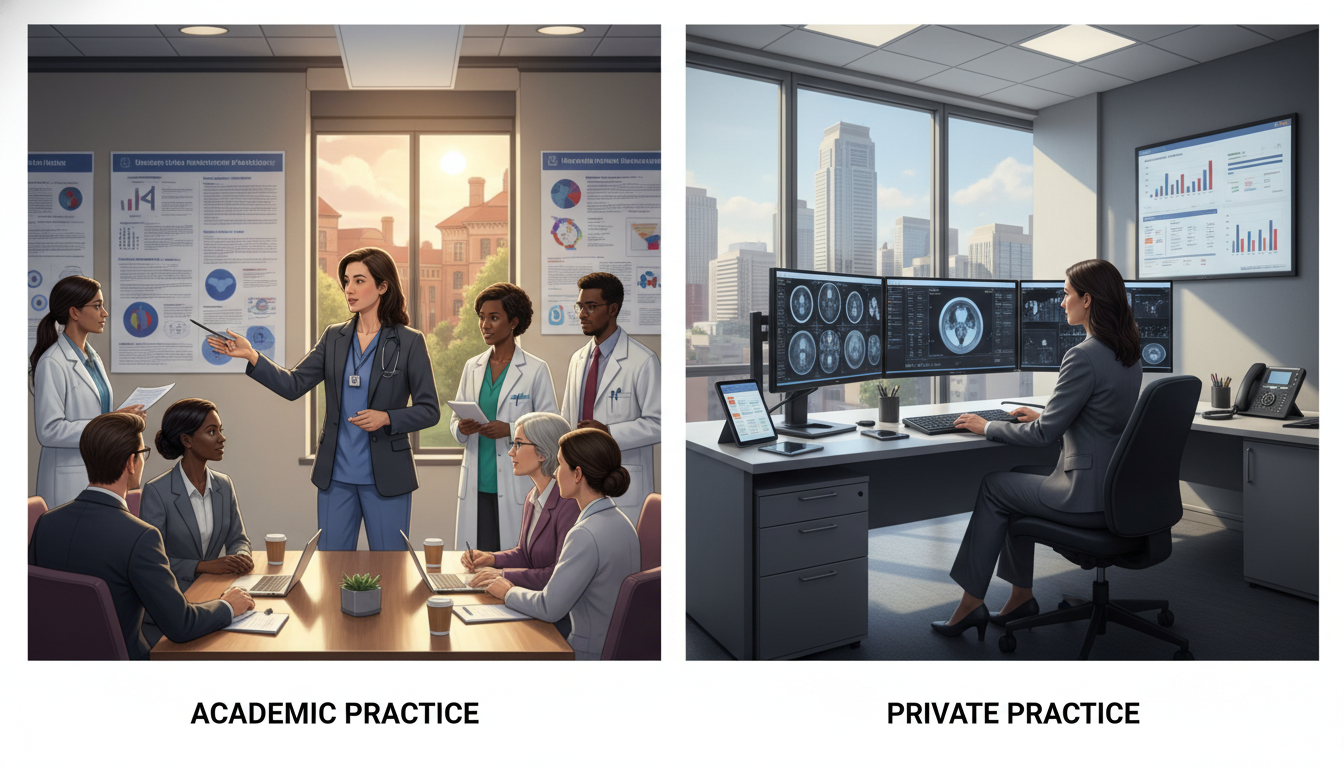 Nuclear medicine physician comparing academic and private practice lifestyle Nuclear medicine physician comparing academic and private practice lifestyle - DO graduate residency for Academic vs Private