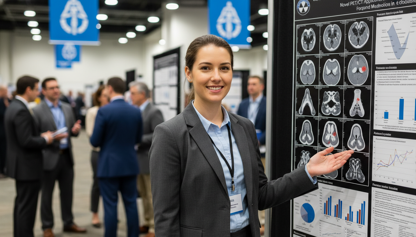 Resident presenting nuclear medicine research poster Resident presenting nuclear medicine research poster - DO graduate residency for CV Building for DO Graduate in Nuclear Medic