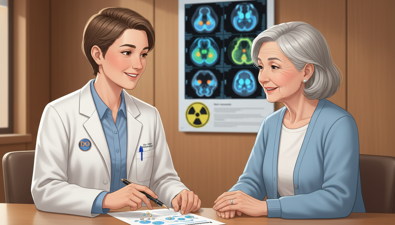 Nuclear medicine resident discussing radionuclide therapy with patient - DO graduate residency for Common Interview Questions