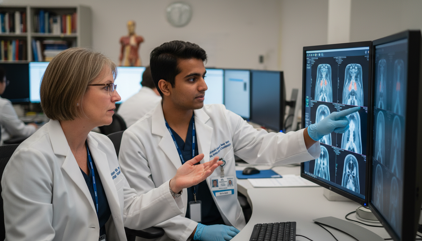 Nuclear medicine resident reviewing PET/CT images with attending physician Nuclear medicine resident reviewing PET/CT images with attending physician - DO graduate residency for Letters of Recommendat