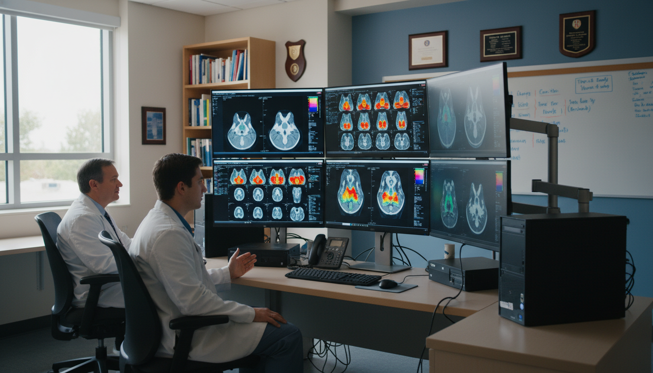 Nuclear medicine resident reviewing PET/CT images with attending in reading room Nuclear medicine resident reviewing PET/CT images with attending in reading room - DO graduate residency for Pre-Match Commun
