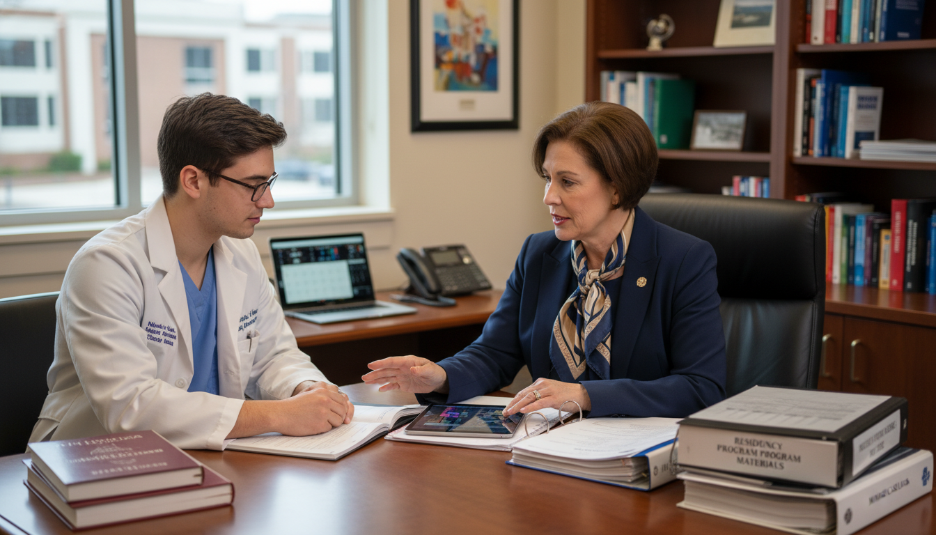 Program director speaking with nuclear medicine resident in office - DO graduate residency for Questions to Ask Programs for