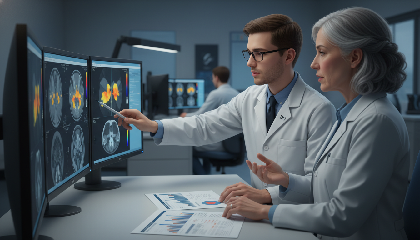 Nuclear medicine resident discussing PET/CT research data with mentor Nuclear medicine resident discussing PET/CT research data with mentor - DO graduate residency for Research During Residency f