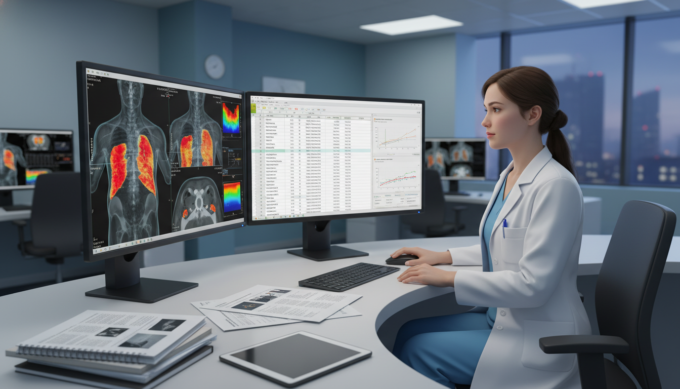 Nuclear medicine resident working on research data and PET-CT images - DO graduate residency for Research Profile Building fo
