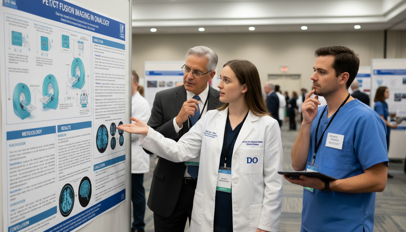 Osteopathic DO graduate presenting nuclear medicine research poster - DO graduate residency for Research Profile Building for
