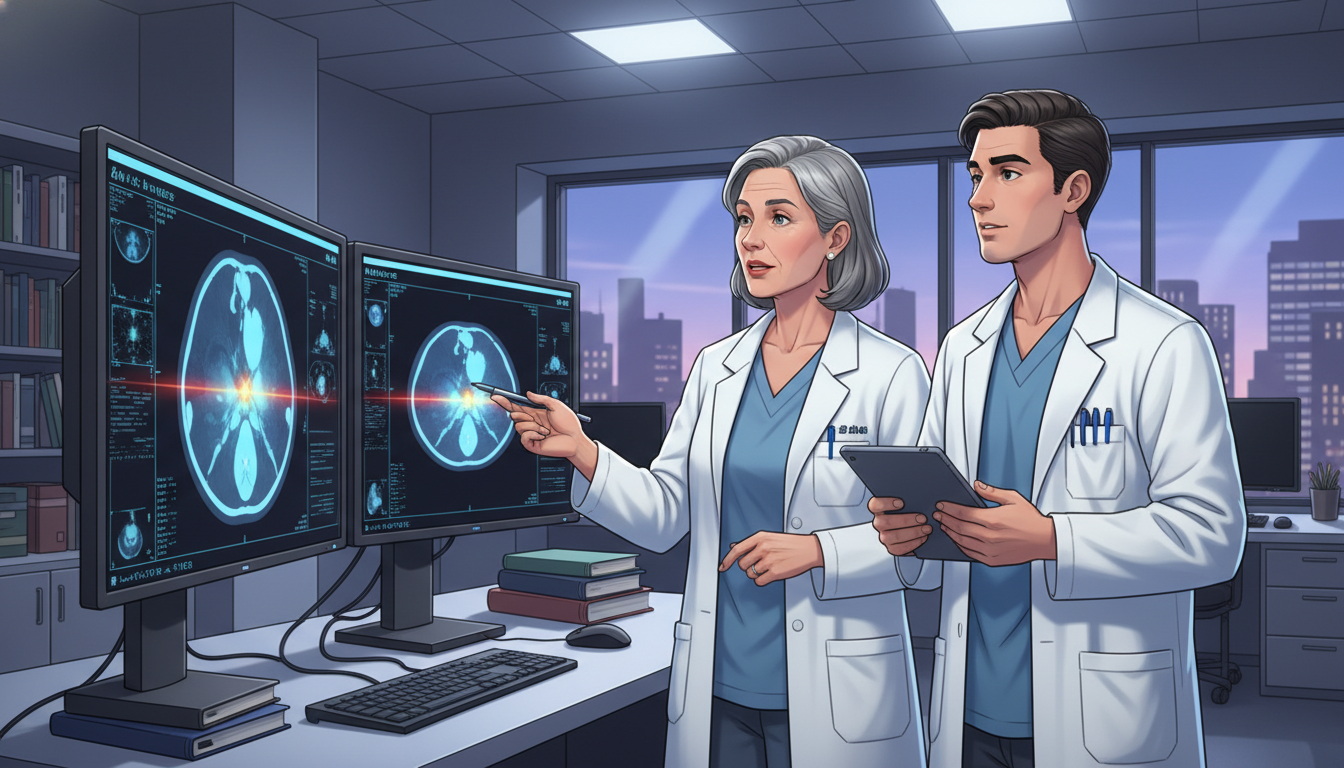 Nuclear medicine resident reviewing PET/CT scan with attending Nuclear medicine resident reviewing PET/CT scan with attending - DO graduate residency for USMLE Step 2 CK Preparation for DO