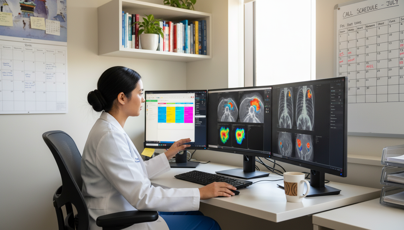 Nuclear medicine resident reviewing schedule and scans Nuclear medicine resident reviewing schedule and scans - DO graduate residency for Work-Life Balance Assessment for DO Gradua