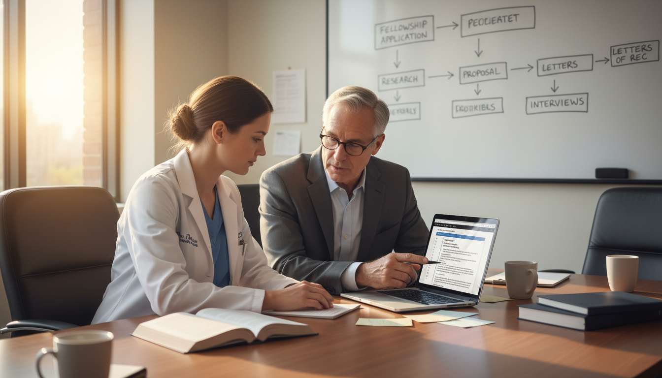 OB GYN resident discussing fellowship plans with a mentor OB GYN resident discussing fellowship plans with a mentor - DO graduate residency for Fellowship Preparation for DO Graduate
