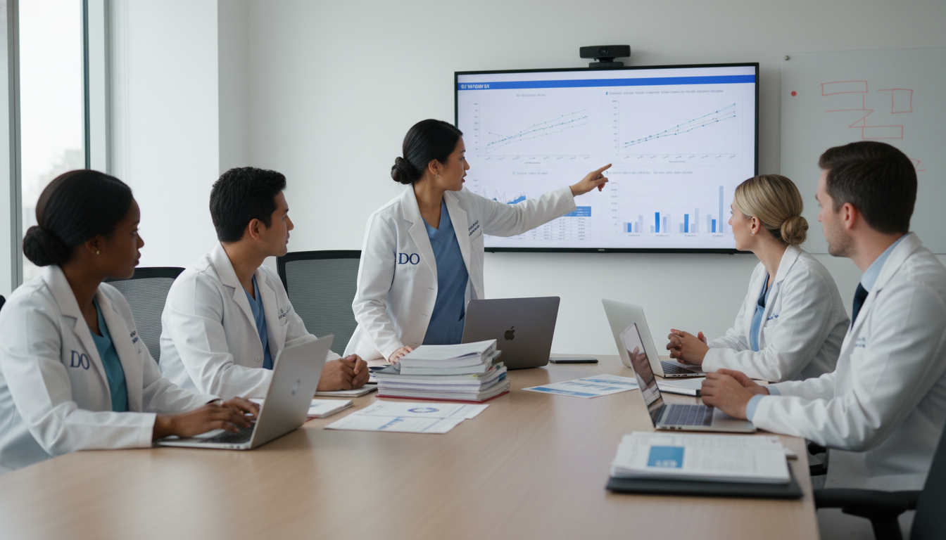 OB GYN residents discussing research data and charts - DO graduate residency for Research During Residency for DO Graduate in