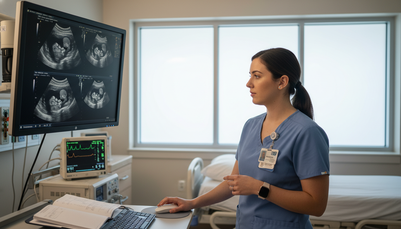 OB GYN resident reviewing ultrasound images and patient chart - DO graduate residency for Step Score Strategy for DO Graduate
