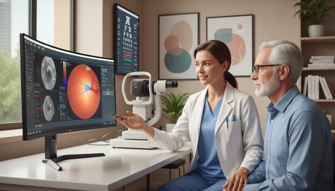 Ophthalmologist consulting patient in private practice clinic Ophthalmologist consulting patient in private practice clinic - DO graduate residency for Academic vs Private Practice for DO