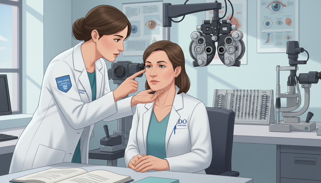 Ophthalmology resident teaching medical student slit lamp exam during away rotation Ophthalmology resident teaching medical student slit lamp exam during away rotation - DO graduate residency for Away Rotation