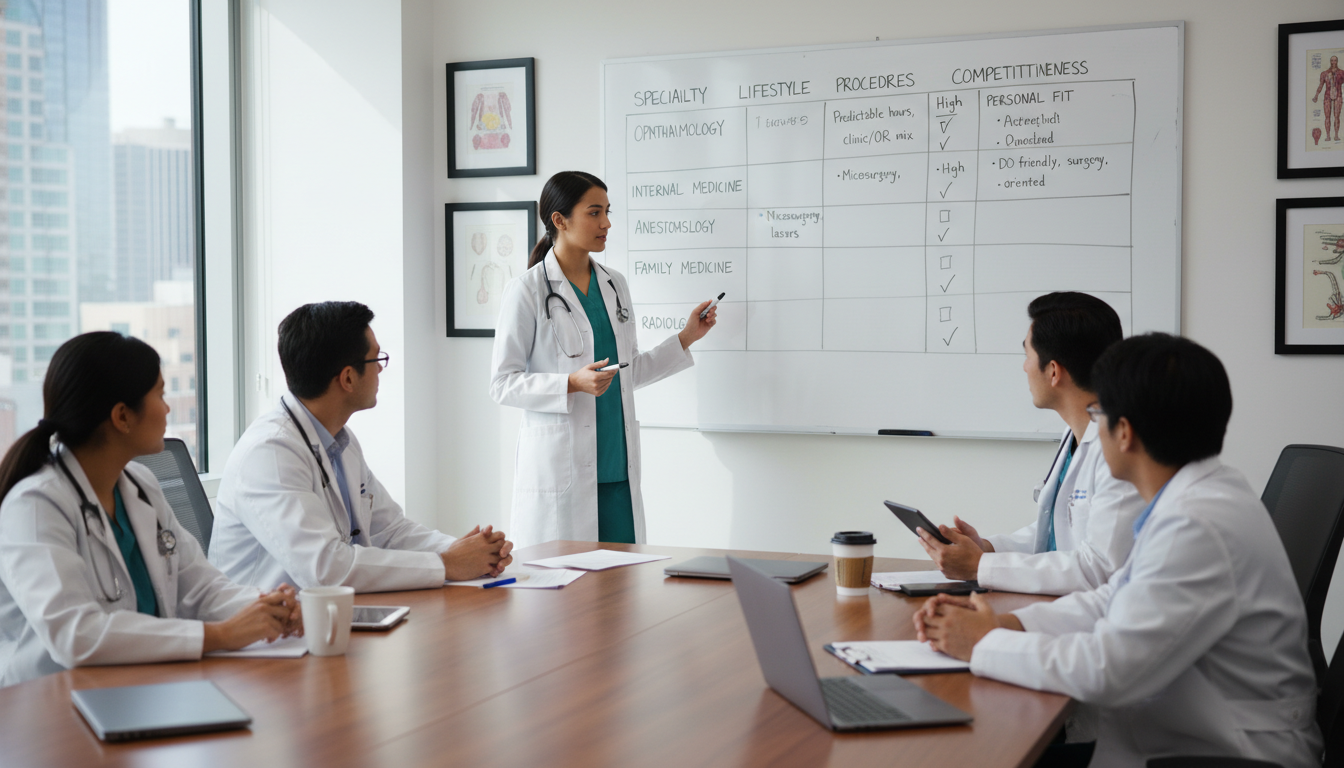 Resident comparing ophthalmology and backup specialty options on a whiteboard Resident comparing ophthalmology and backup specialty options on a whiteboard - DO graduate residency for Backup Specialty Pl