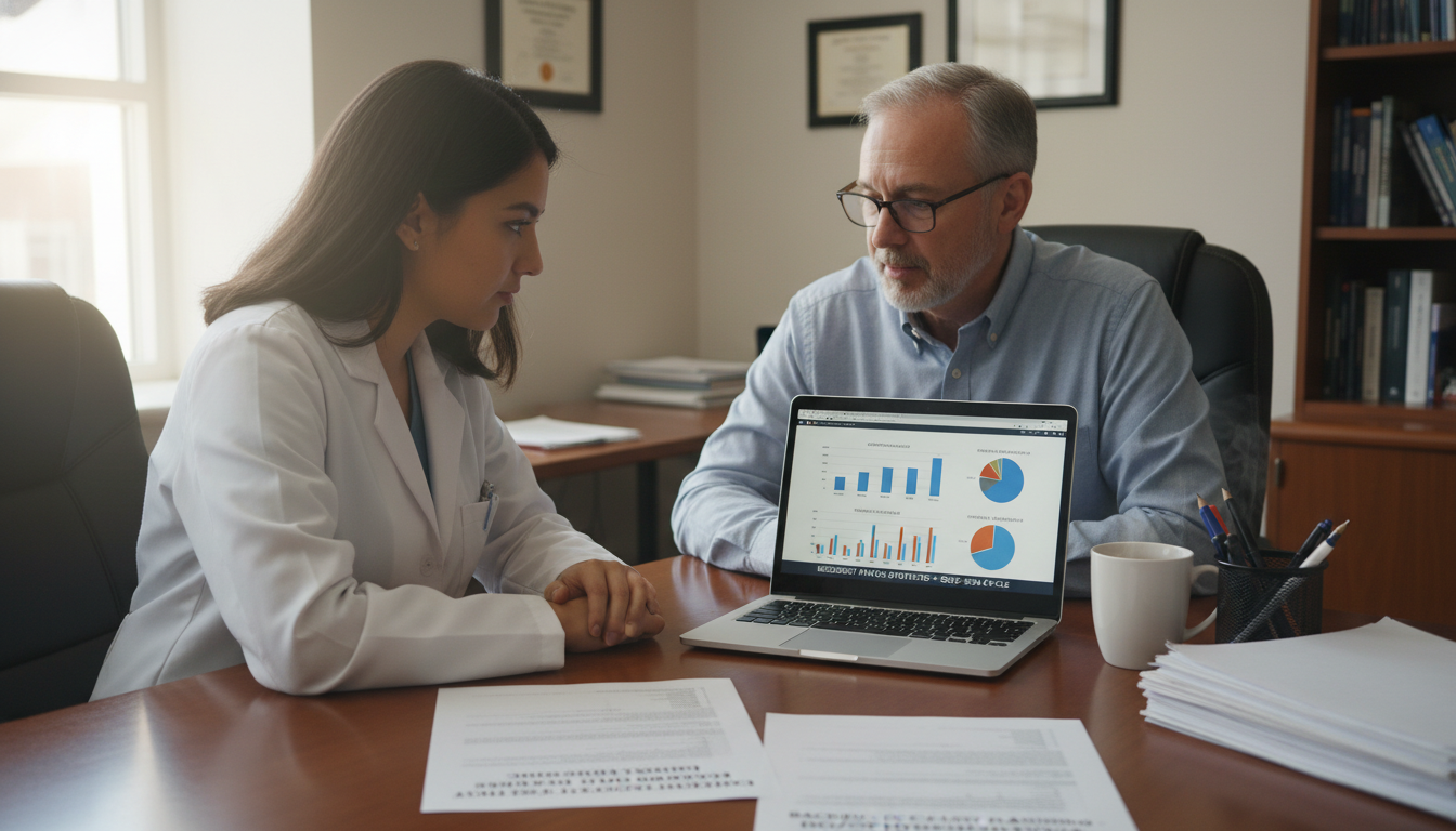 Osteopathic graduate reviewing match statistics and backup plans with advisor Osteopathic graduate reviewing match statistics and backup plans with advisor - DO graduate residency for Backup Specialty Pl