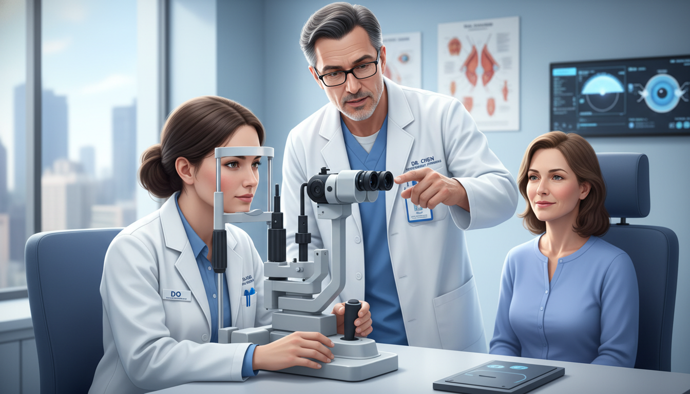 Medical student performing ophthalmology exam in clinic Medical student performing ophthalmology exam in clinic - DO graduate residency for CV Building for DO Graduate in Ophthalmol