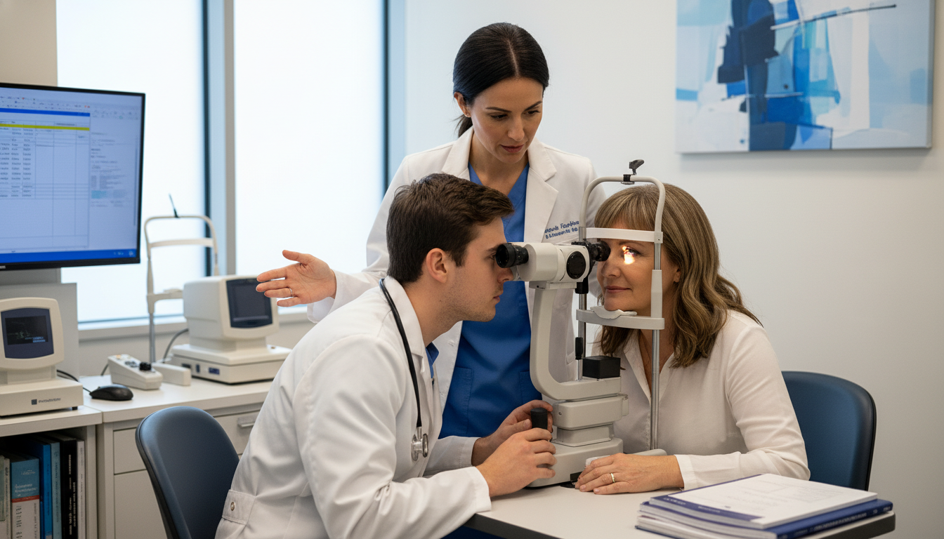 Ophthalmology attending observing a medical student at the slit lamp Ophthalmology attending observing a medical student at the slit lamp - DO graduate residency for Letters of Recommendation fo