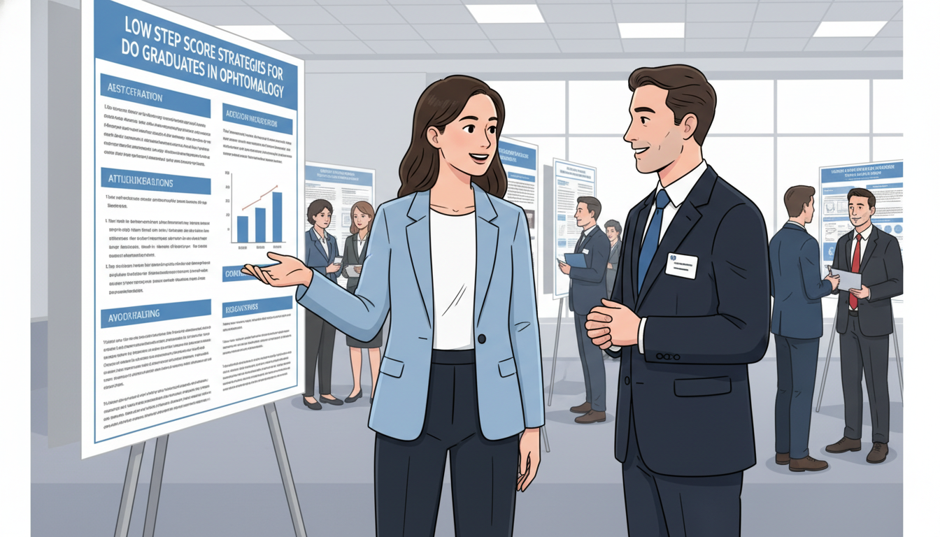 DO graduate presenting ophthalmology research poster at conference - DO graduate residency for Low Step Score Strategies for