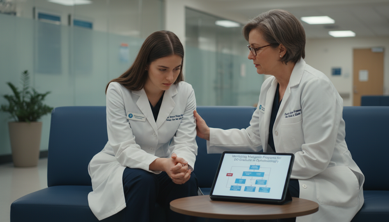 Ophthalmology resident quietly speaking with a mentor Ophthalmology resident quietly speaking with a mentor - DO graduate residency for Identifying Malignant Programs for DO Gradu