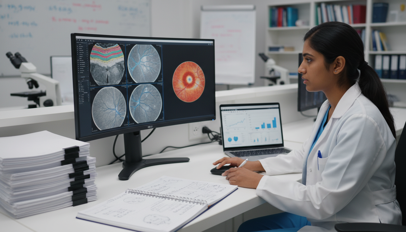 Ophthalmology resident analyzing eye imaging and data Ophthalmology resident analyzing eye imaging and data - DO graduate residency for Research During Residency for DO Graduate i
