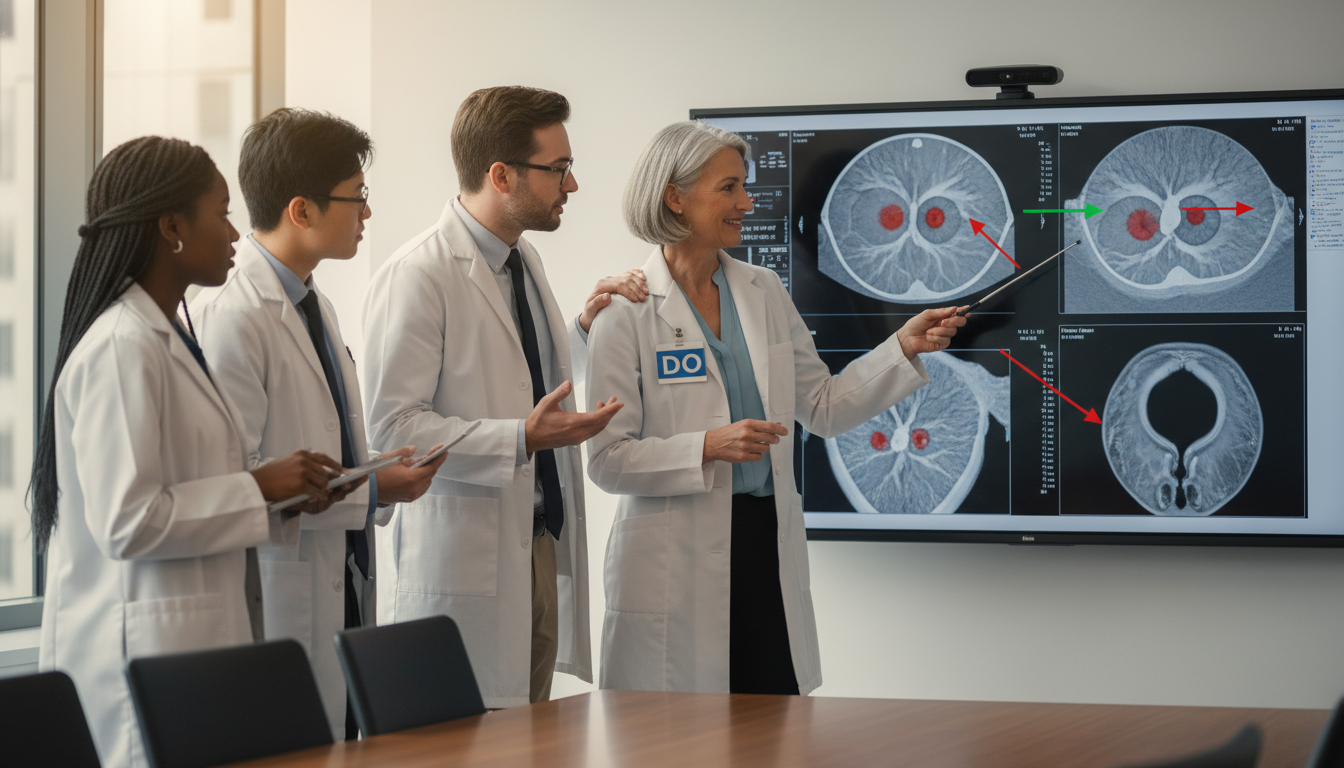 Diverse ophthalmology residents including a DO graduate interacting with faculty Diverse ophthalmology residents including a DO graduate interacting with faculty - DO graduate residency for Resident Turnove