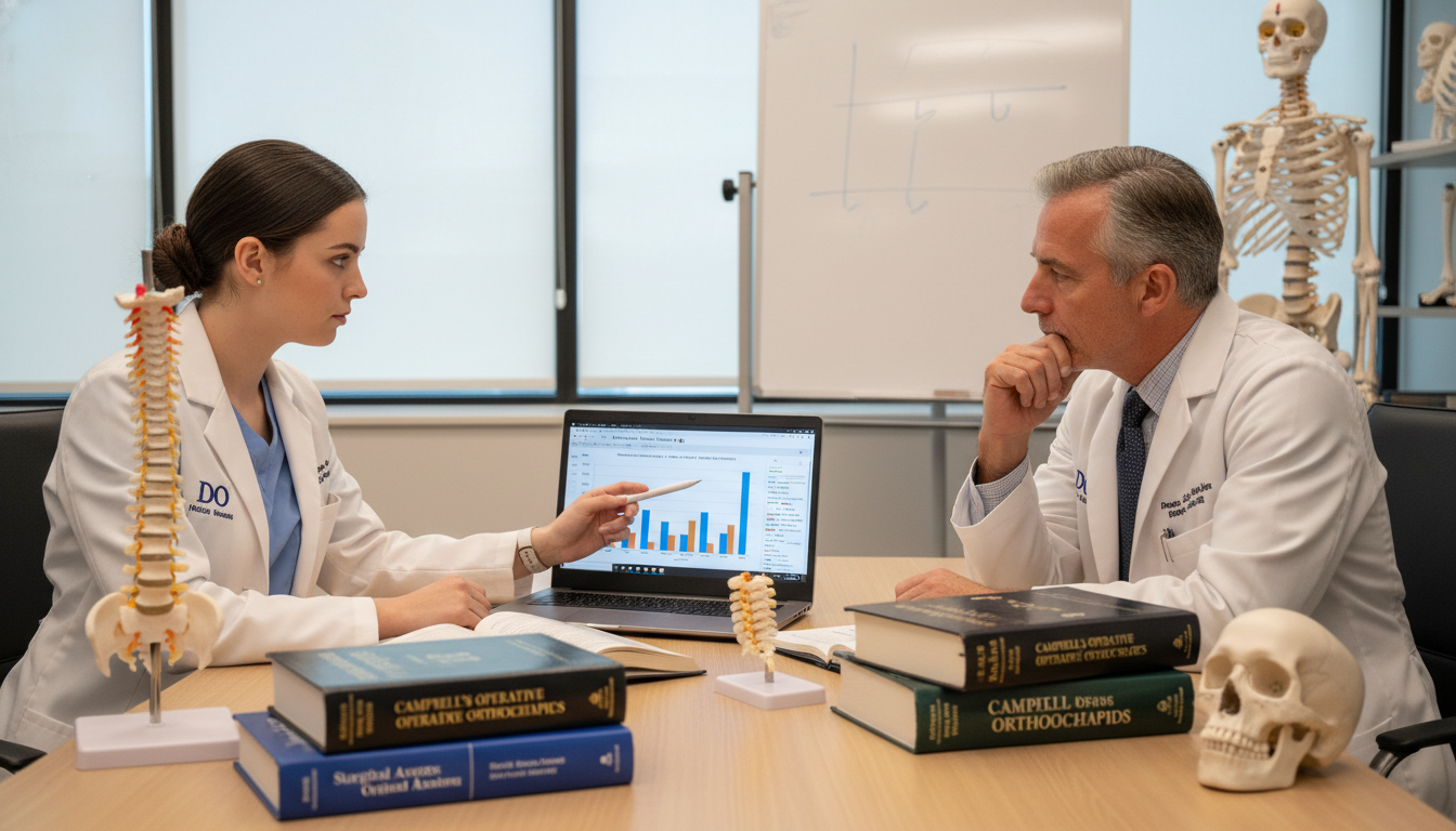 Orthopedic resident discussing surgical case logs with mentor Orthopedic resident discussing surgical case logs with mentor - DO graduate residency for Case Volume Evaluation for DO Gradu