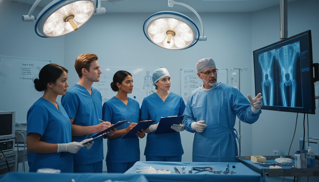 Orthopedic surgery residents in operating room debriefing a trauma case - DO graduate residency for Common Interview Question