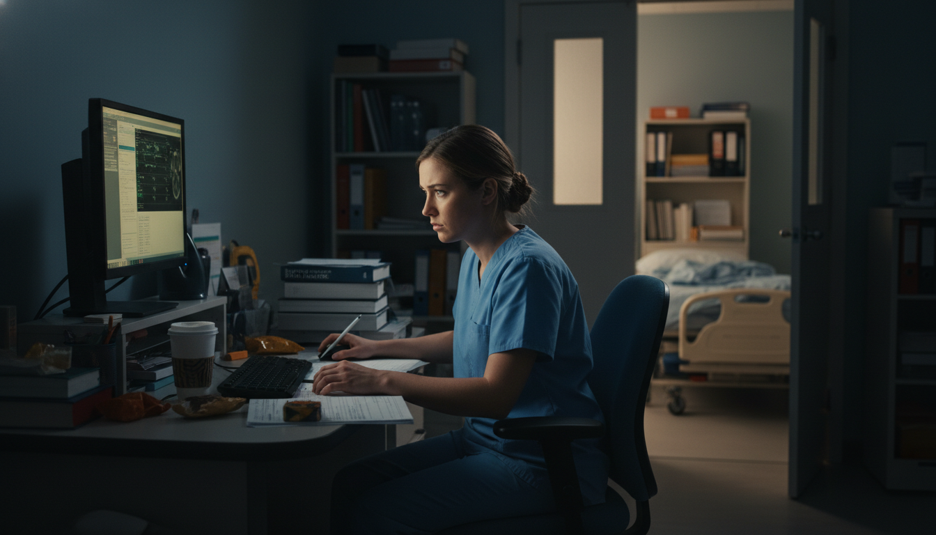 Orthopedic surgery resident on night call reviewing patient list Orthopedic surgery resident on night call reviewing patient list - DO graduate residency for Identifying Malignant Programs f