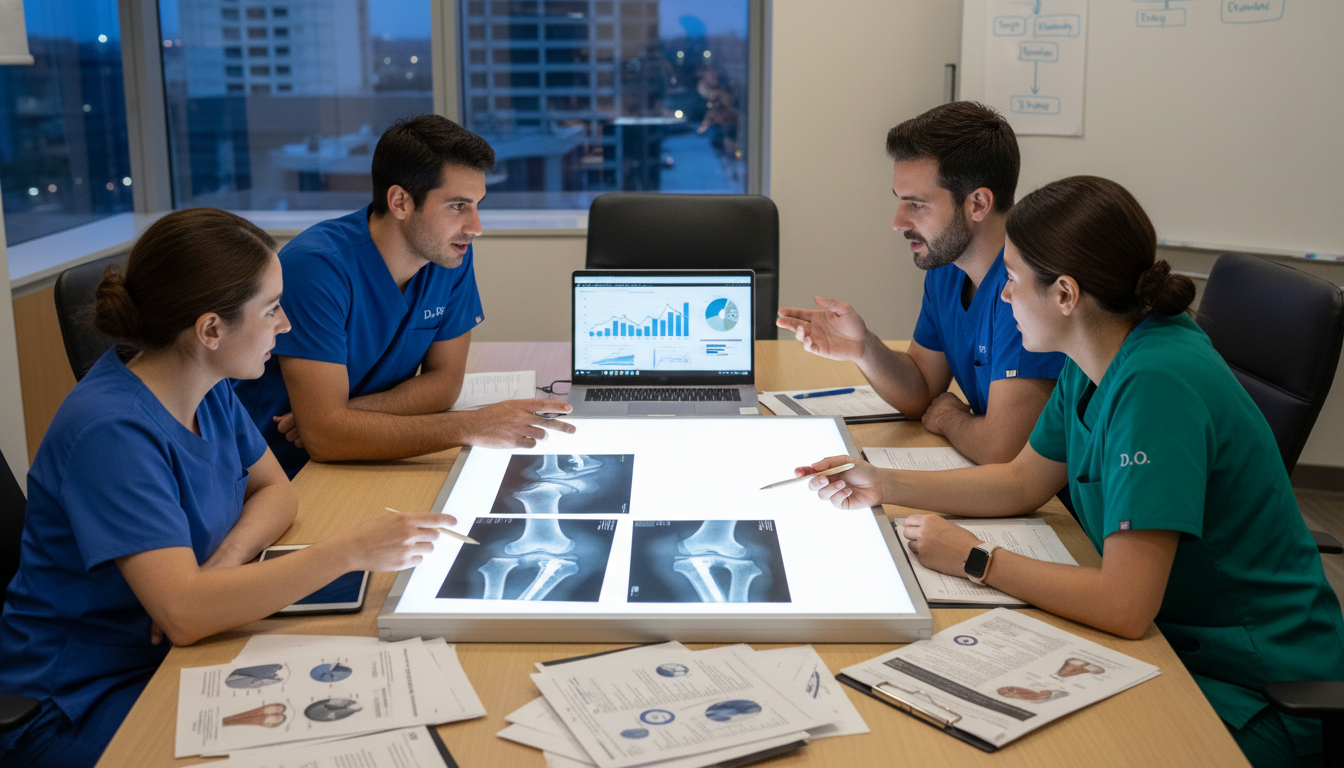 Orthopedic residents collaborating on a research project with x-rays and laptop - DO graduate residency for Research During R
