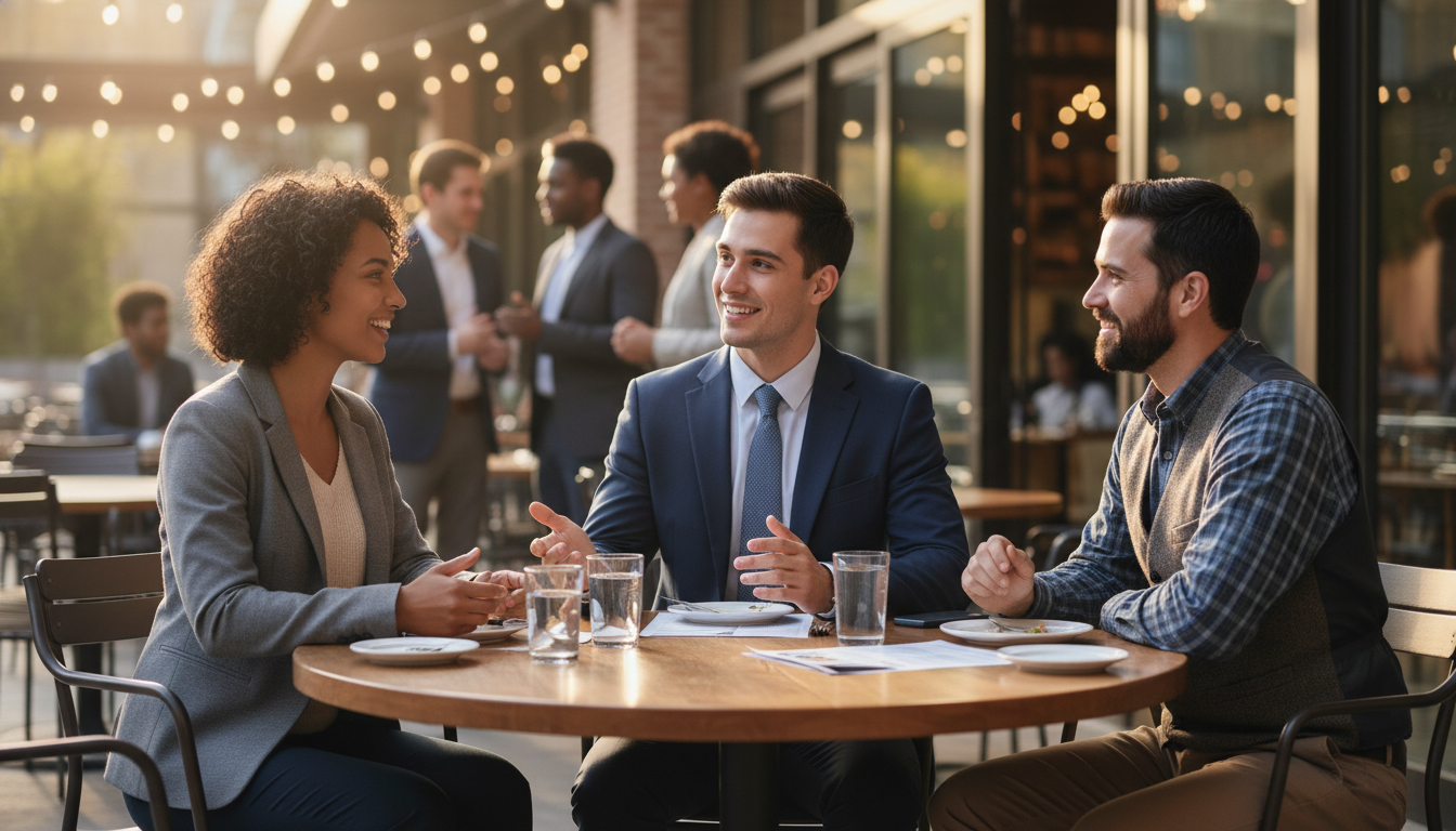 DO applicant speaking with orthopedic residents at interview social DO applicant speaking with orthopedic residents at interview social - DO graduate residency for Resident Turnover Warning Sig