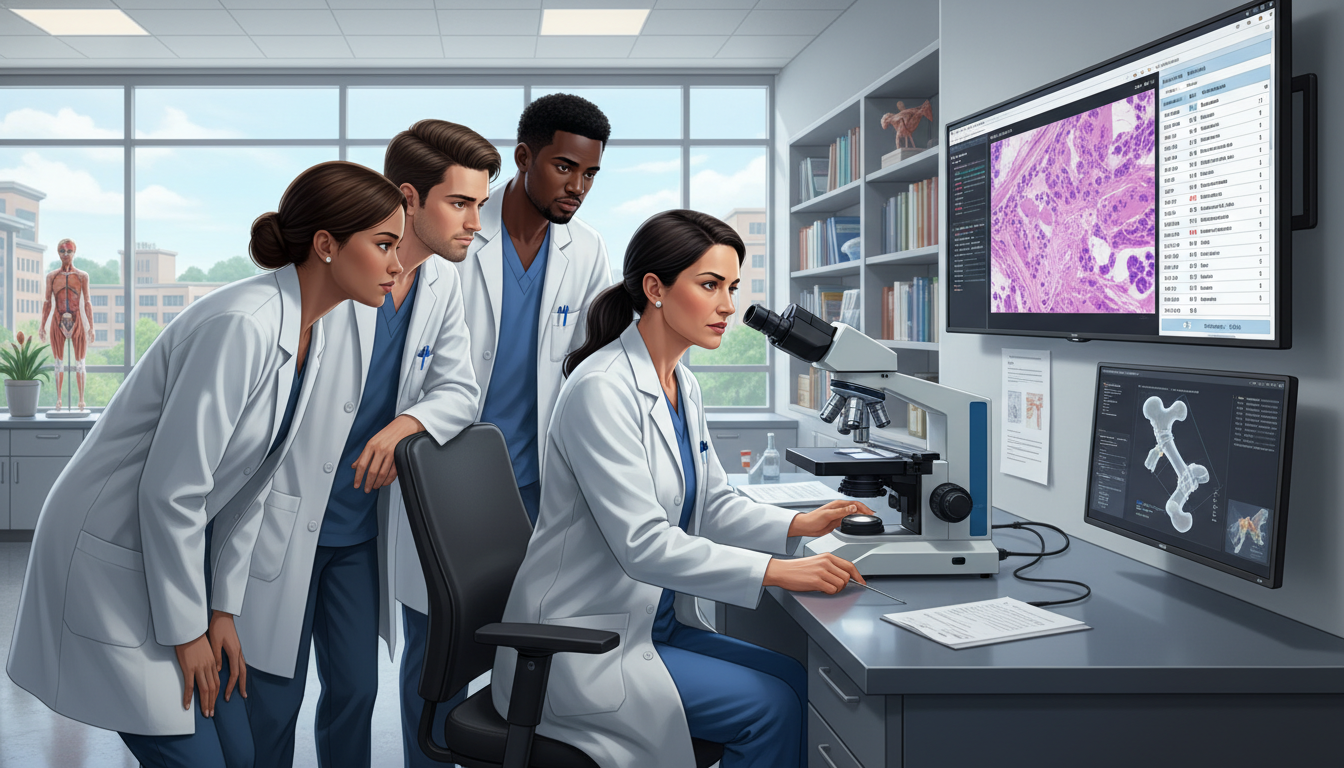 Pathologist at microscope balancing clinical cases and teaching responsibilities Pathologist at microscope balancing clinical cases and teaching responsibilities - DO graduate residency for Academic vs Priv