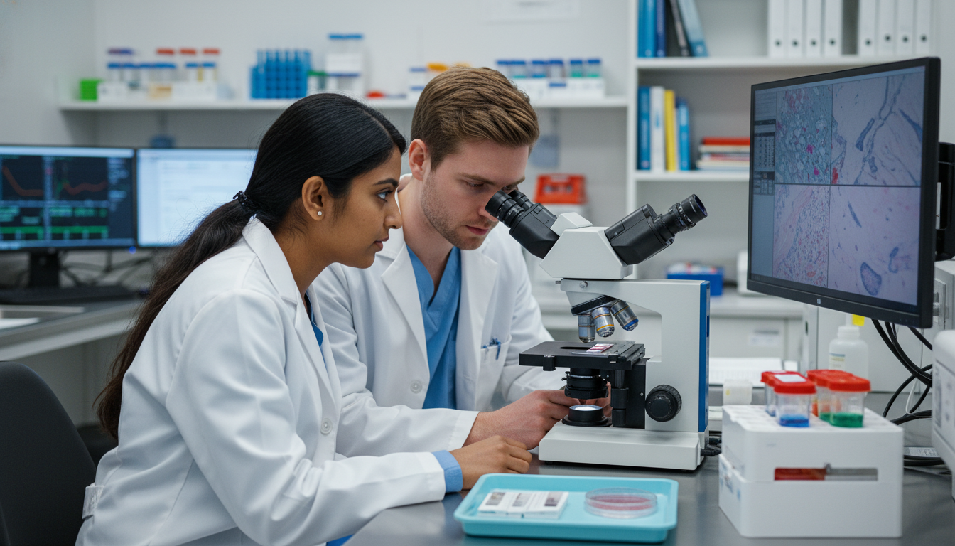 DO student on a pathology elective reviewing slides DO student on a pathology elective reviewing slides - DO graduate residency for CV Building for DO Graduate in Pathology