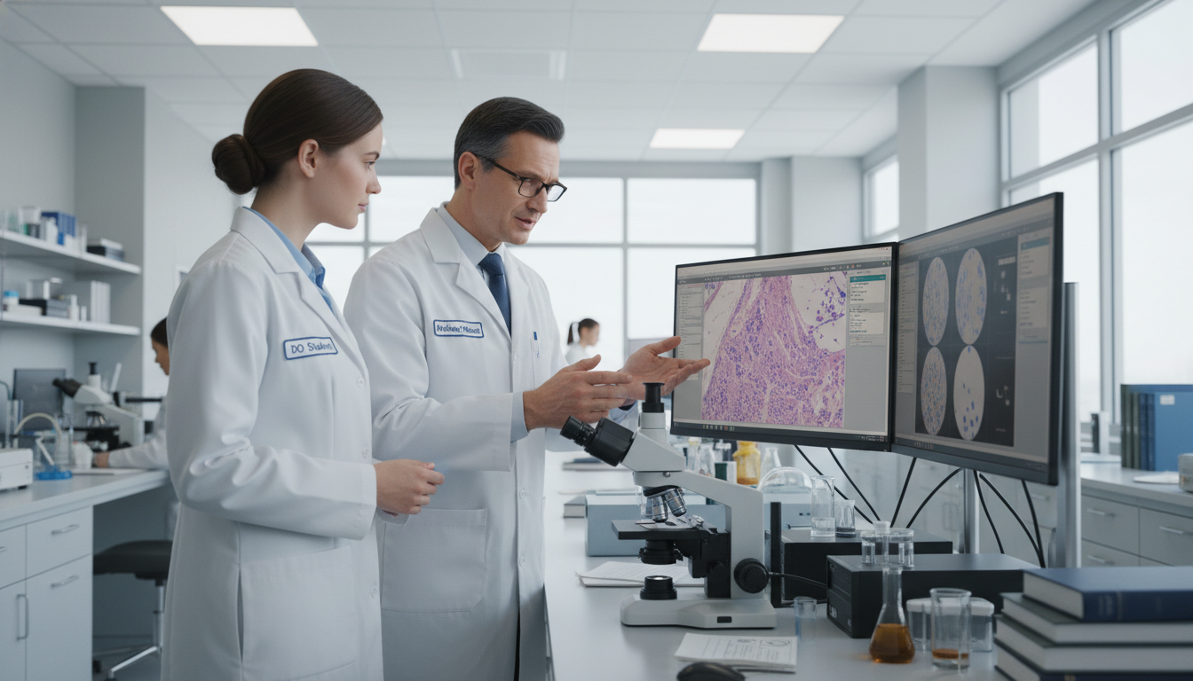 Medical student shadowing a pathologist at a microscope Medical student shadowing a pathologist at a microscope - DO graduate residency for Letters of Recommendation for DO Graduate